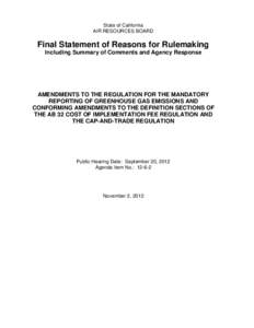 State of California AIR RESOURCES BOARD Final Statement of Reasons for Rulemaking Including Summary of Comments and Agency Response