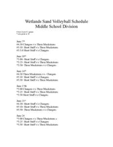 Wetlands Sand Volleyball Schedule Middle School Division #-best 2out of 3 games *-one game to 28  June 7th