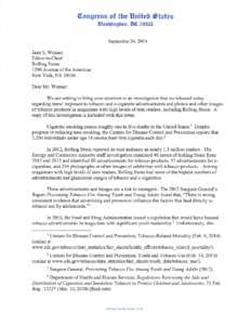 Letter to Jann S. Wenner, Editor-in-Chief, Rolling Stone from Members of Congress (September 24, 2014)