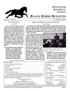 WINCHESTER HISTORICAL SOCIETY BLACK HORSE BULLETIN Volume 31, Number 3