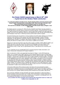 Ron Roden G4GKO passed away on March 28th, A great loss to the Amateur Radio community! It is with great sadness and deep sorrow, that the Amateur Radio community learned of Ron Roden’s death. He passed away eve