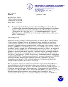 UNITED STATES DEPARTMENT OF COMMERCE National Oceanic and Atmospheric Administration NATIONAL MARINE FISHERIES SERVICE Northwest Region 7600 Sand Point Way N.E., Bldg. 1 Seattle, WA 98115