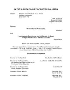 IN THE SUPREME COURT OF BRITISH COLUMBIA Citation: Western Forest Products Inc. v. Forest Appeals Commission, 2012 BCSC 772