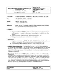 UIPL[removed]Fiscal Year (FY[removed]State Workforce Agency Unemployment Insurance (UI) Resource Planning Targets and Guidelines