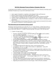 2015 SBA Mississippi Women in Business Champion of the Year An individual who has fulfilled a commitment to the advancement of women’s business ownership may be nominated. Nominees may or may not be small business owne