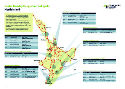 Easter Holiday Congestion hot spots North Island SH2 Waihi between Paeroa and Katikati The tables below provide a snapshot of highway routes, dates and times where traffic congestion