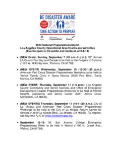 2014 National Preparedness Month Los Angeles County Operational Area Events and Activities (Events open to the public and media as of[removed])  (NEW Event) Sunday, September[removed]a.m.-3 p.m.): 10th Annual LA County Fa