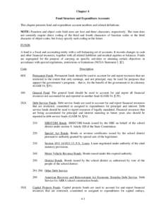 Chapter 4 Fund Structure and Expenditure Accounts This chapter presents fund and expenditure account numbers and related definitions. NOTE: Function and object code field sizes are four and three characters, respectively