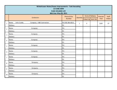 Winterhaven Water/Sewer Improvements - Tank Recoating 12-CDBG-8394 PLAN HOLDERS LIST Bids Due: May 08, 2015 Phone & Fax Number