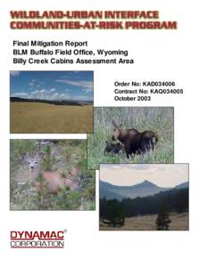 Final Mitigation Report BLM Buffalo Field Office, Wyoming Billy Creek Cabins Assessment Area Order No: KAD034006 Contract No: KAQ034005 October 2003