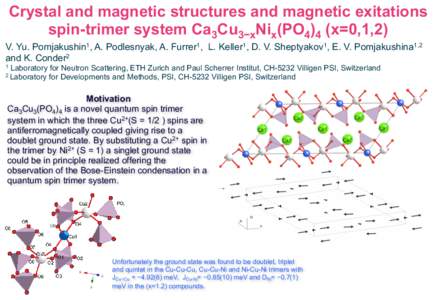 Crystal and magnetic structures and magnetic exitations spin-trimer system Ca3Cu3−xNix(PO4)4 (x=0,1,2) V. Yu. Pomjakushin1, A. Podlesnyak, A. Furrer1, L. Keller1, D. V. Sheptyakov1, E. V. Pomjakushina1,2 and K. Conder2