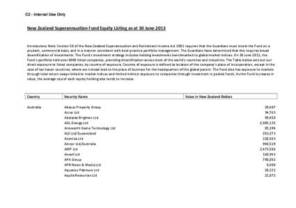 C2 - Internal Use Only  New Zealand Superannuation Fund Equity Listing as at 30 June 2013 Introductory Note: Section 58 of the New Zealand Superannuation and Retirement Income Act 2001 requires that the Guardians must in