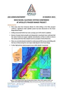ASX ANNOUNCEMENT  23 MARCH 2015 NEW NICKEL SULPHIDE SYSTEM CONFIRMED AT APOLLO’S FRASER RANGE PROJECT