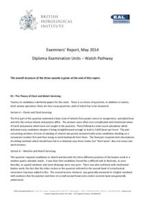 Examiners’ Report, May 2014 Diploma Examination Units – Watch Pathway The overall structure of the three awards is given at the end of this report.  D1 : The Theory of Clock and Watch Servicing: