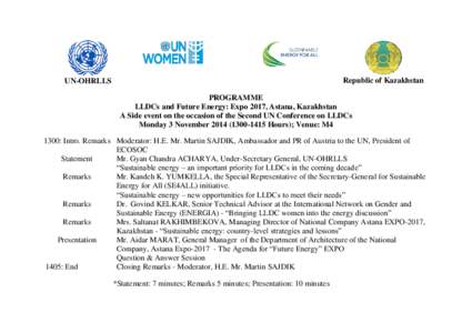 Republic of Kazakhstan  UN-OHRLLS PROGRAMME LLDCs and Future Energy: Expo 2017, Astana, Kazakhstan