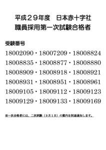 平成２９年度 日本赤十字社 職員採用第一次試験合格者 受験番号 ・・・・