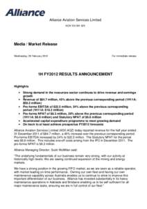 Alliance Aviation Services Limited ACN[removed]Media / Market Release Wednesday, 29 February 2012