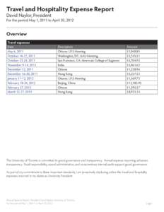 Travel and Hospitality Expense Report David Naylor, President For the period May 1, 2011 to April 30, 2012  Overview