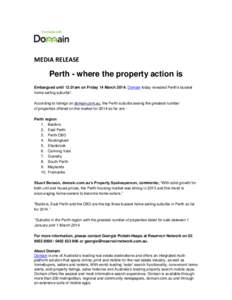 MEDIA RELEASE  Perth - where the property action is Embargoed until 12.01am on Friday 14 March 2014: Domain today revealed Perth’s busiest home selling suburbs*. According to listings on domain.com.au, the Perth suburb