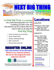 The Next Big Thing is a workshop for youth entering grades 5-8. The workshop provides a fun and educational way for youth to discover what it takes to develop the