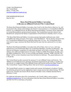 Contact: Jack Hinshelwood The Crooked Road Phone: [removed]removed] FOR IMMEDIATE RELEASE May 30, 2012