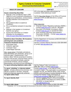 Agency Contacts for Consumer Complaints www.ofi.la.gov/SecuritiesInvestorEd.htm ISSUE OR CONCERN Issues concerning Securities • Request a free confidential report (CRD