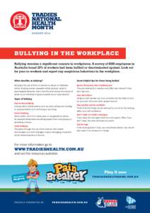 AUGUST[removed]Bullying in the Workplace Bullying remains a significant concern in workplaces. A survey of 6500 employees in Australia found 25% of workers had been bullied or discriminated against. Look out for your co-­