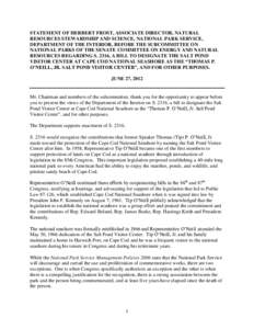 STATEMENT OF HERBERT FROST, ASSOCIATE DIRECTOR, NATURAL RESOURCES STEWARDSHIP AND SCIENCE, NATIONAL PARK SERVICE, DEPARTMENT OF THE INTERIOR, BEFORE THE SUBCOMMITTEE ON NATIONAL PARKS OF THE SENATE COMMITTEE ON ENERGY AN