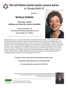 The Leif Nissen Social Justice Lecture Series at Temple Beth-El presents Barbara Dobkin If not now - when?