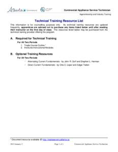 Commercial Appliance Service Technician Apprenticeship and Industry Training Technical Training Resource List This information is for counselling purposes only. As technical training resources are updated frequently, app