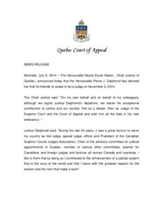 Law / Quebec Court of Appeal / Judge / Chief Justice of Quebec