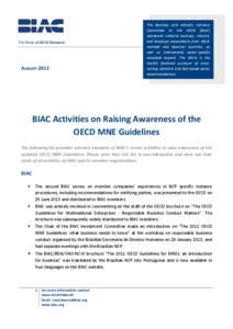 AUGUST[removed]The Business and Industry Advisory Committee to the OECD (BIAC) represents national business, industry and employer associations from OECD