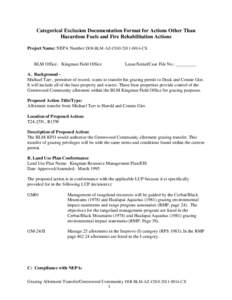 Categorical Exclusion Documentation Format for Actions Other Than Hazardous Fuels and Fire Rehabilitation Actions