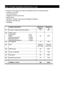 BEST TATTSBET WAGERING OPERATION IN A CLUB The winner of this award will receive the highest scores in the following areas: • ambience in the TAB • venue presentation • integration with the overall club • general
