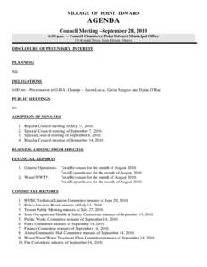 VILLAGE OF POINT EDWARD  AGENDA Council Meeting –September 28, 2010 6:00 p.m. – Council Chambers, Point Edward Municipal Office 135 Kendall Street, Point Edward, Ontario