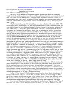 Southern Campaign American Revolution Pension Statements Pension application of Gideon Johnson S4456 fn48NC Transcribed by Will Graves State of Tennessee, Williamson County On this 2nd day of October 1832 personally appe