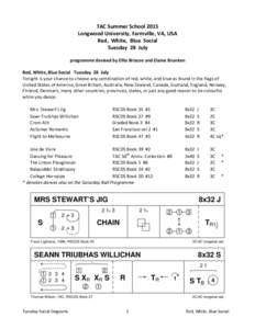 TAC	
  Summer	
  School	
  2015	
   Longwood	
  University,	
  Farmville,	
  VA,	
  USA	
   Red,	
  	
  White,	
  	
  Blue	
  	
  Social	
   Tuesday	
  	
  28	
  	
  July	
   	
   programme	
  devi