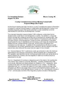 For Immediate Release August 18, 2010 Moore County, NC  County Commissioners Endorse Moving Forward with