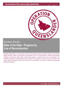 Sec on three:  State of the State - Progress by Line of Reconstruction Opera on Queenslander  is  centred  along  six  lines  of  reconstruc on:  Human  and  Social,  Economic,  Environment,  Building  Re