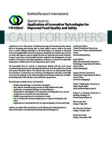 BioMed Research International Special Issue on Application of Innovative Technologies for Improved Food Quality and Safety  CALL FOR PAPERS