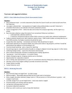 Summary of Stakeholder Input: Georgia Port Meetings April 2014 Top issues and suggested solutions: ISSUE 1: Data Collection/Science/Stock Assessments Issues Solutions • More fishermen input – on stock assessments; be