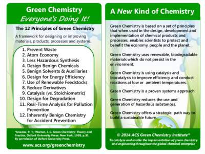 Green Chemistry Everyone’s Doing It! The 12 Principles of Green Chemistry A framework for designing or improving materials, products, processes and systems.