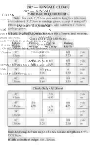 207 — KINSALE CLOAK YARDAGE REQUIREMENTS Note: For each 1