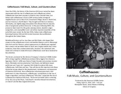 Folk music / Caffè Lena / Saratoga Springs /  New York / Coffeehouse / Ralph Rinzler / Joan Baez / American folk music revival / IlyAIMY / Roots revival / Folklore / Music / American folk music