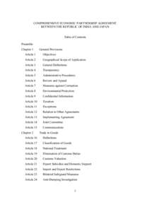 COMPREHENSIVE ECONOMIC PARTNERSHIP AGREEMENT BETWEEN THE REPUBLIC OF INDIA AND JAPAN Table of Contents Preamble Chapter 1