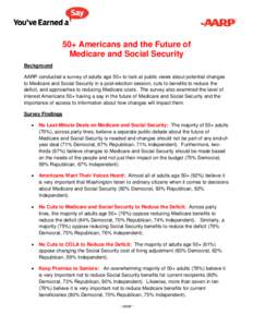 50+ Americans and the Future of Medicare and Social Security Background AARP conducted a survey of adults age 50+ to look at public views about potential changes to Medicare and Social Security in a post-election session