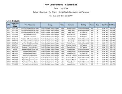 New Jersey Metro - Course List Term : July 2014 Delivery Campus : NJ Cherry Hill, NJ North Brunswick, NJ Paramus Run Date: Jul 1, 2014 8:56:05 AM  Level: Graduate