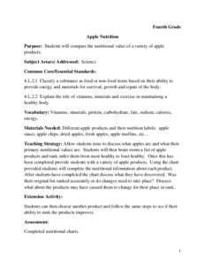 Fourth Grade Apple Nutrition Purpose: Students will compare the nutritional value of a variety of apple products. Subject Area(s) Addressed: Science Common Core/Essential Standards: