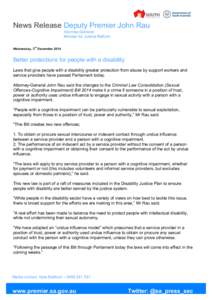 News Release Deputy Premier John Rau Attorney-General Minister for Justice Reform rd  Wednesday, 3 December 2014