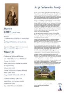 A Life Dedicated to Family Marion was born the 8th child of Margaret (née Reedie) and Thomas Baird in Shields, Fife, Scotland. After Thomas died, her mother remarried James Greig in 1831 and he brought the Baird family 